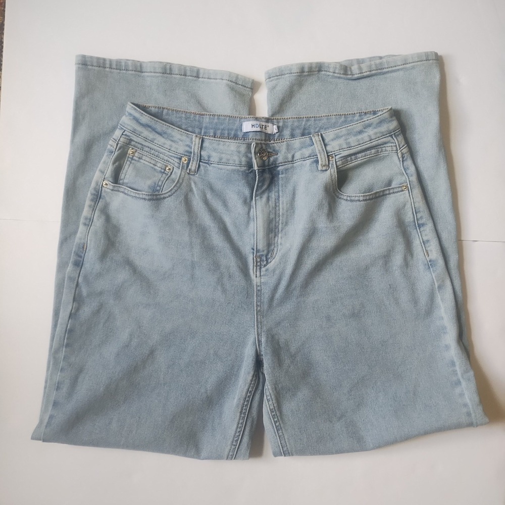 HDLTE Wide Straight Leg Jeans Women's L Light Blue High Waisted Y2K Style